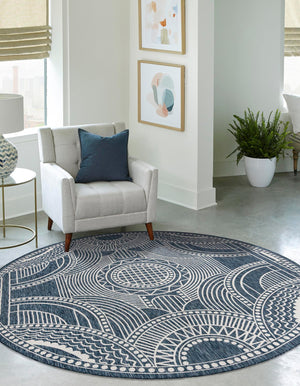 Blue 12' x 12' Outdoor Traditional Round Area Rug Weather Resistant for Patio, Deck, Terrace, Balcony, Porch Classical Design Outside Carpet for Sale at Rug Engine