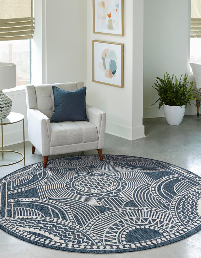 Blue 12' x 12' Outdoor Traditional Round Area Rug Weather Resistant for Patio, Deck, Terrace, Balcony, Porch Classical Design Outside Carpet for Sale at Rug Engine