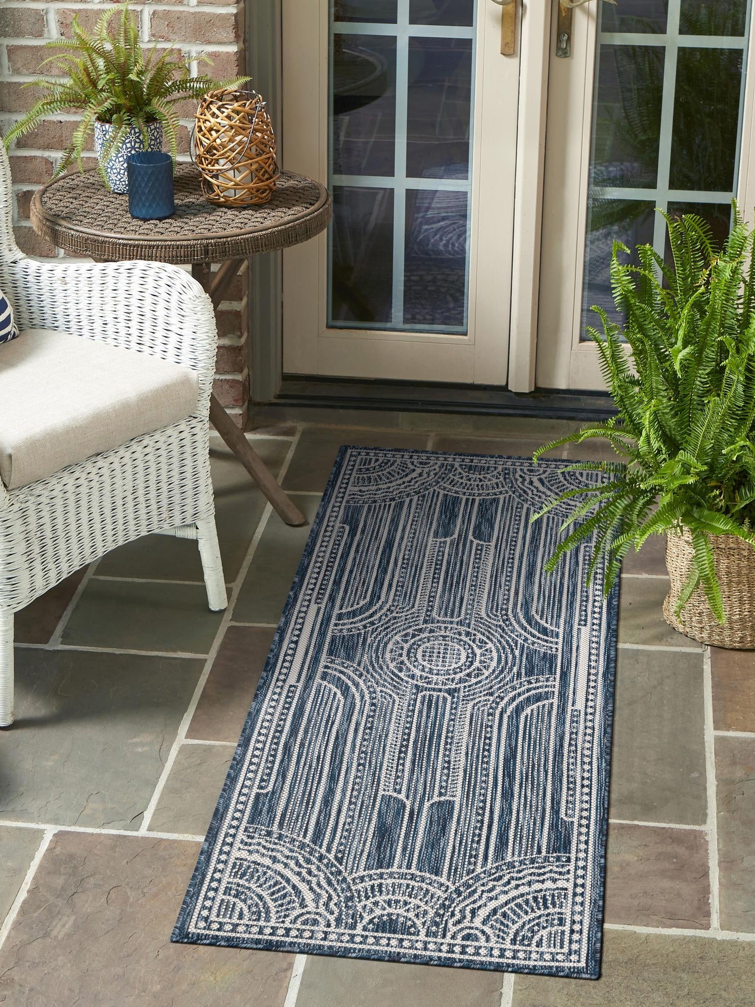 Blue 2' x 6' 1 Outdoor Traditional Runner Area Rug Weather Resistant for Patio, Deck, Terrace, Balcony, Porch Classical Design Outside Carpet for Sale at Rug Engine