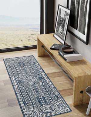 Blue 2' x 6' 1 Outdoor Traditional Runner Area Rug Weather Resistant for Patio, Deck, Terrace, Balcony, Porch Classical Design Outside Carpet for Sale at Rug Engine