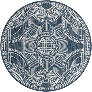 Blue 7' 10 x 7' 10 Outdoor Traditional Round Area Rug Weather Resistant for Patio, Deck, Terrace, Balcony, Porch Classical Design Outside Carpet for Sale at Rug Engine