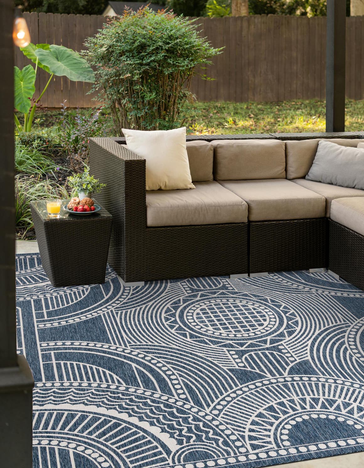Blue 7' 10 x 7' 10 Outdoor Traditional Square Area Rug Weather Resistant for Patio, Deck, Terrace, Balcony, Porch Classical Design Outside Carpet for Sale at Rug Engine