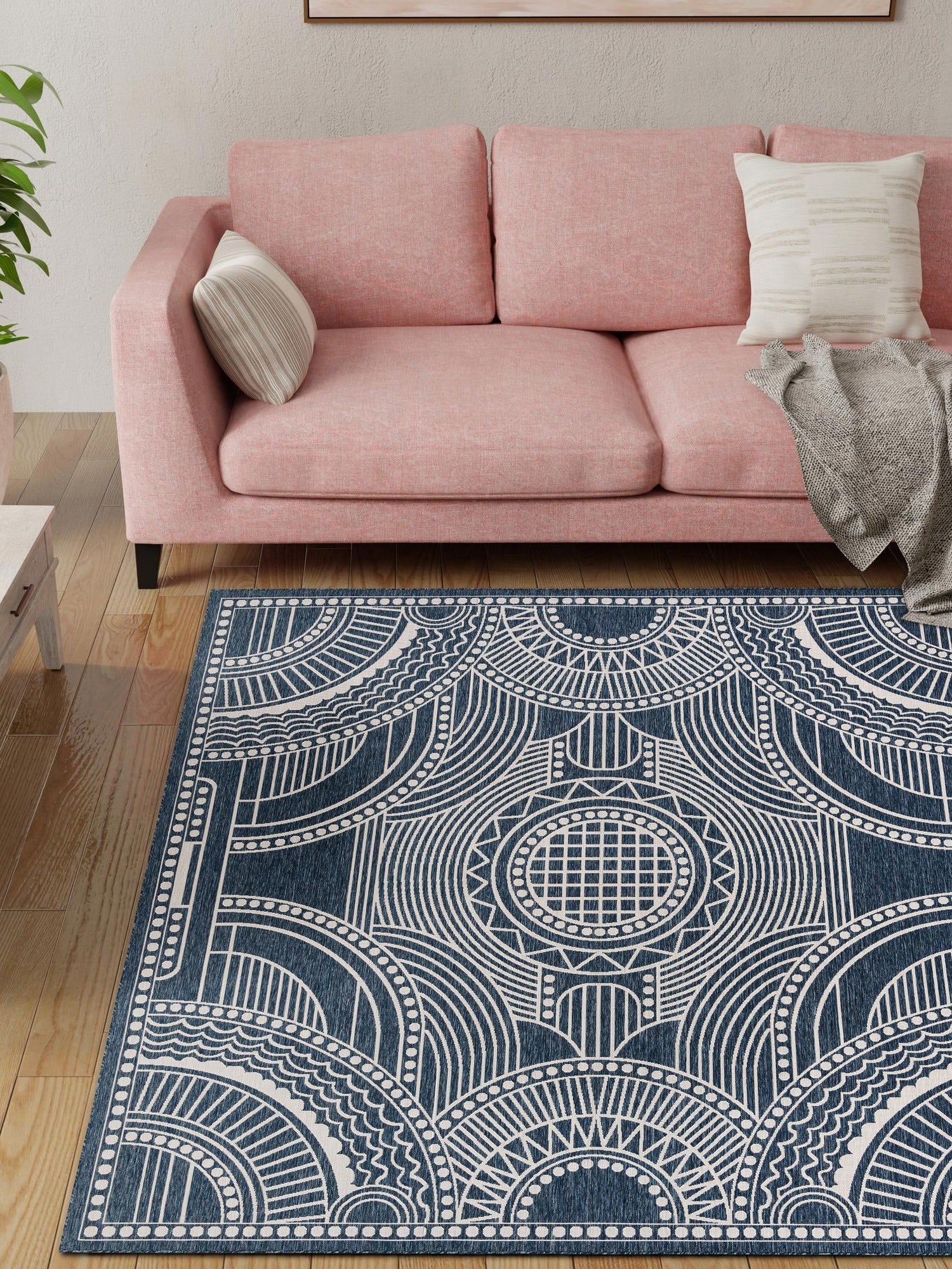 Blue 10' x 10' Outdoor Traditional Square Area Rug Weather Resistant for Patio, Deck, Terrace, Balcony, Porch Classical Design Outside Carpet for Sale at Rug Engine