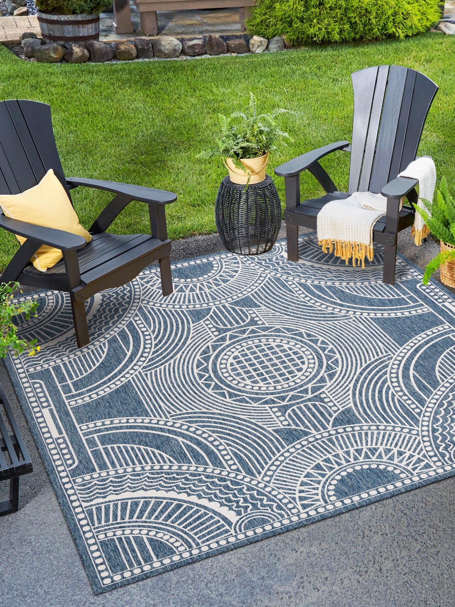 Blue 10' x 10' Outdoor Traditional Square Area Rug Weather Resistant for Patio, Deck, Terrace, Balcony, Porch Classical Design Outside Carpet for Sale at Rug Engine