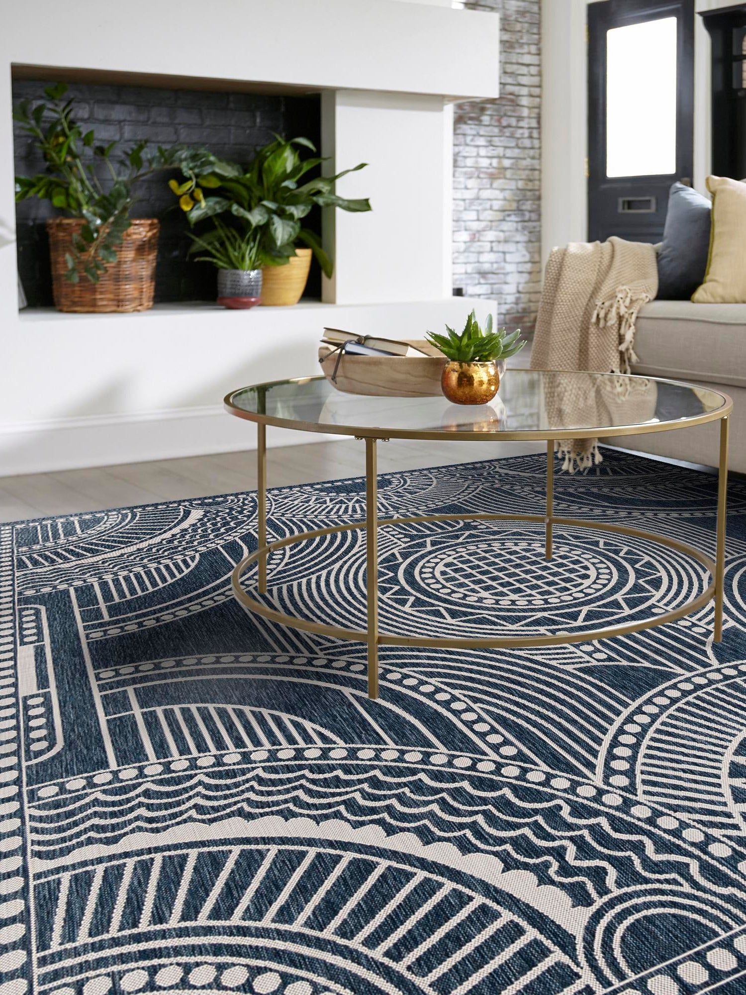 Blue 10' x 10' Outdoor Traditional Square Area Rug Weather Resistant for Patio, Deck, Terrace, Balcony, Porch Classical Design Outside Carpet for Sale at Rug Engine