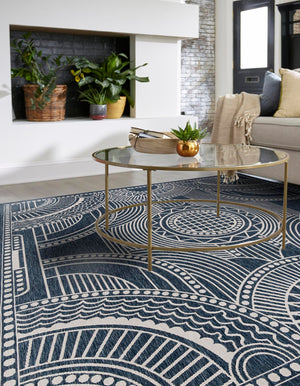 Blue 10' x 10' Outdoor Traditional Square Area Rug Weather Resistant for Patio, Deck, Terrace, Balcony, Porch Classical Design Outside Carpet for Sale at Rug Engine