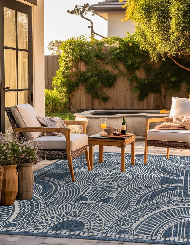 Blue 7' 10 x 7' 10 Outdoor Traditional Square Area Rug Weather Resistant for Patio, Deck, Terrace, Balcony, Porch Classical Design Outside Carpet for Sale at Rug Engine