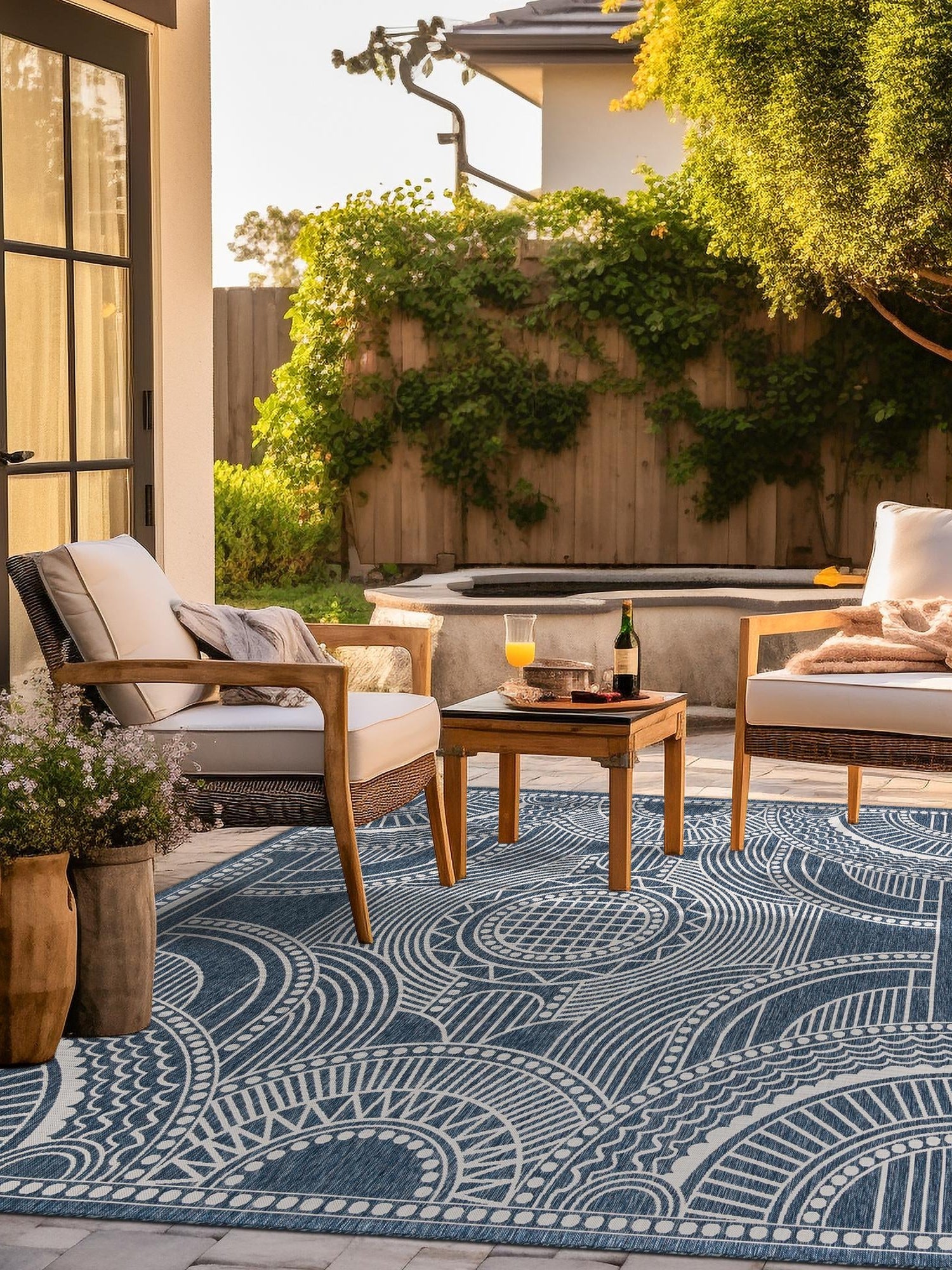 Blue 10' x 10' Outdoor Traditional Square Area Rug Weather Resistant for Patio, Deck, Terrace, Balcony, Porch Classical Design Outside Carpet for Sale at Rug Engine