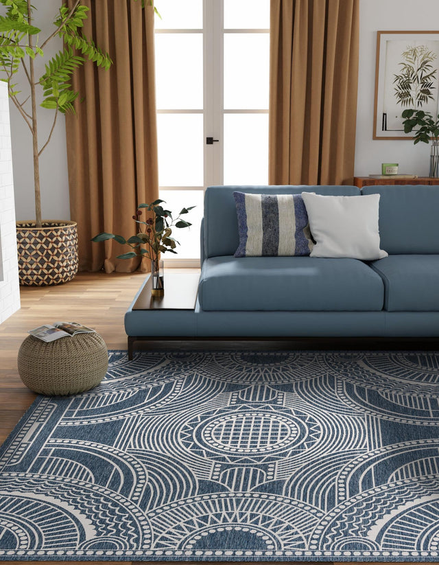 Blue 7' 10 x 7' 10 Outdoor Traditional Square Area Rug Weather Resistant for Patio, Deck, Terrace, Balcony, Porch Classical Design Outside Carpet for Sale at Rug Engine