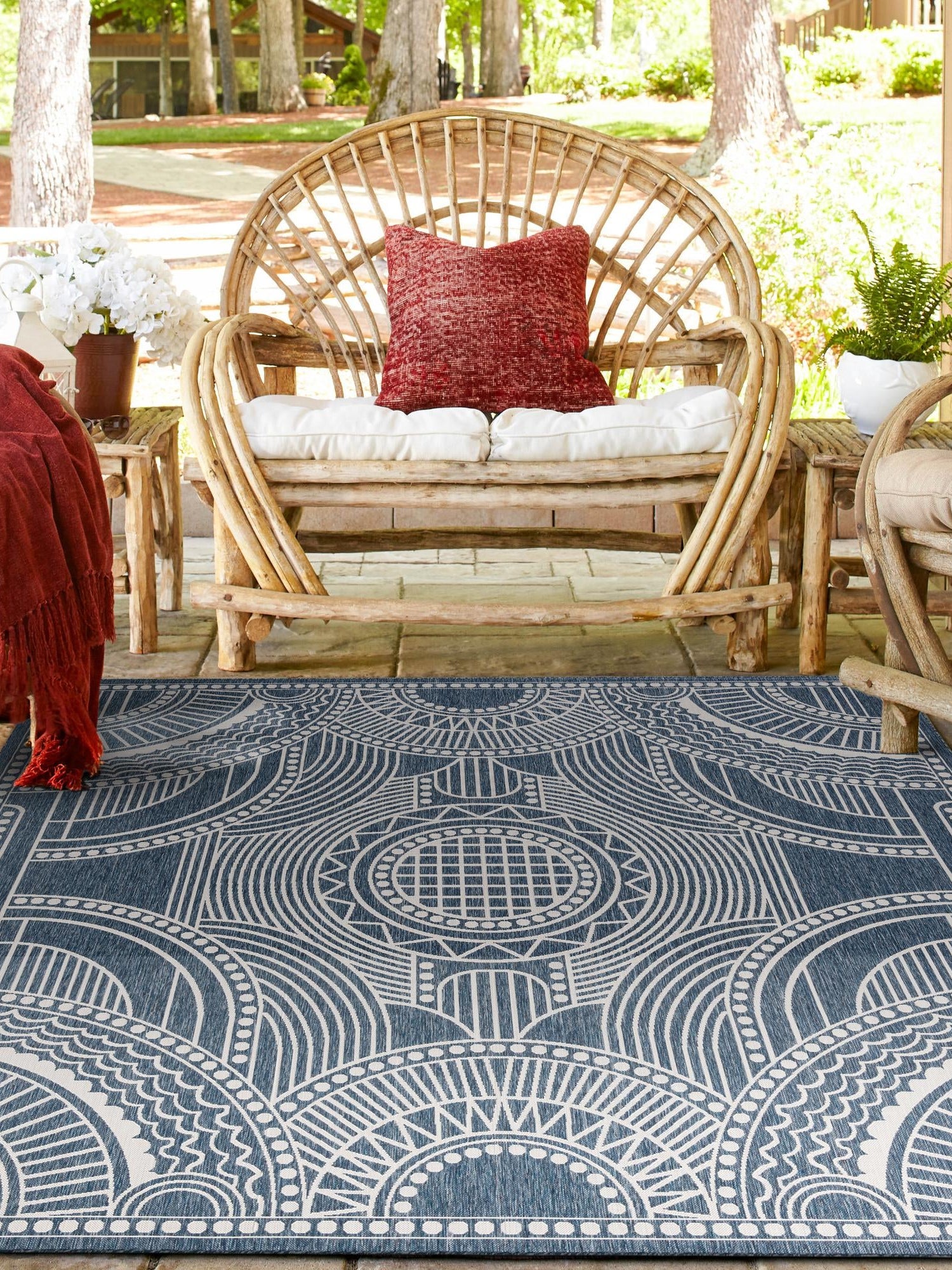 Blue 10' x 10' Outdoor Traditional Square Area Rug Weather Resistant for Patio, Deck, Terrace, Balcony, Porch Classical Design Outside Carpet for Sale at Rug Engine