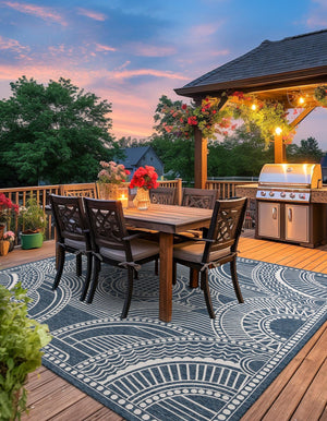 Blue 7' 10 x 7' 10 Outdoor Traditional Square Area Rug Weather Resistant for Patio, Deck, Terrace, Balcony, Porch Classical Design Outside Carpet for Sale at Rug Engine