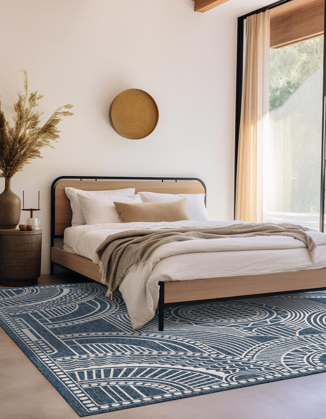 Blue 7' 10 x 7' 10 Outdoor Traditional Square Area Rug Weather Resistant for Patio, Deck, Terrace, Balcony, Porch Classical Design Outside Carpet for Sale at Rug Engine