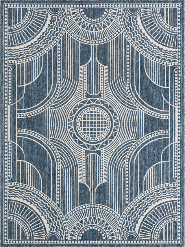 Blue 9' x 12' Outdoor Traditional Rectangle Area Rug Weather Resistant for Patio, Deck, Terrace, Balcony, Porch Classical Design Outside Carpet for Sale at Rug Engine