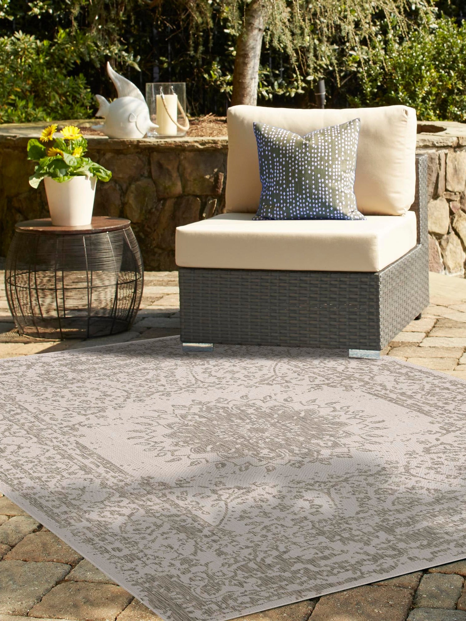 Gray 7' 10 x 10' Outdoor Traditional Rectangle Area Rug Weather Resistant for Patio, Deck, Terrace, Balcony, Porch Classical Design Outside Carpet for Sale at Rug Engine