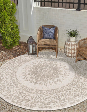 Gray 10' x 10' Outdoor Traditional Round Area Rug Weather Resistant for Patio, Deck, Terrace, Balcony, Porch