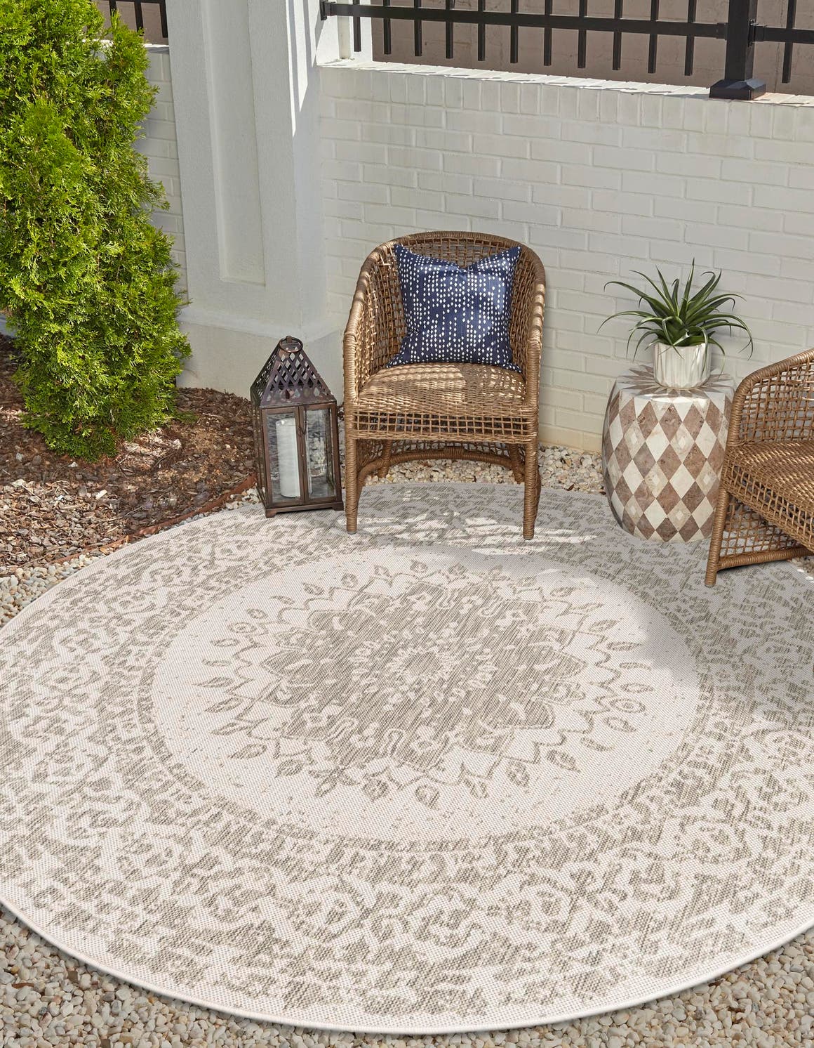 Gray 6' 1 x 6' 1 Outdoor Traditional Round Area Rug Weather Resistant for Patio, Deck, Terrace, Balcony, Porch Classical Design Outside Carpet for Sale at Rug Engine