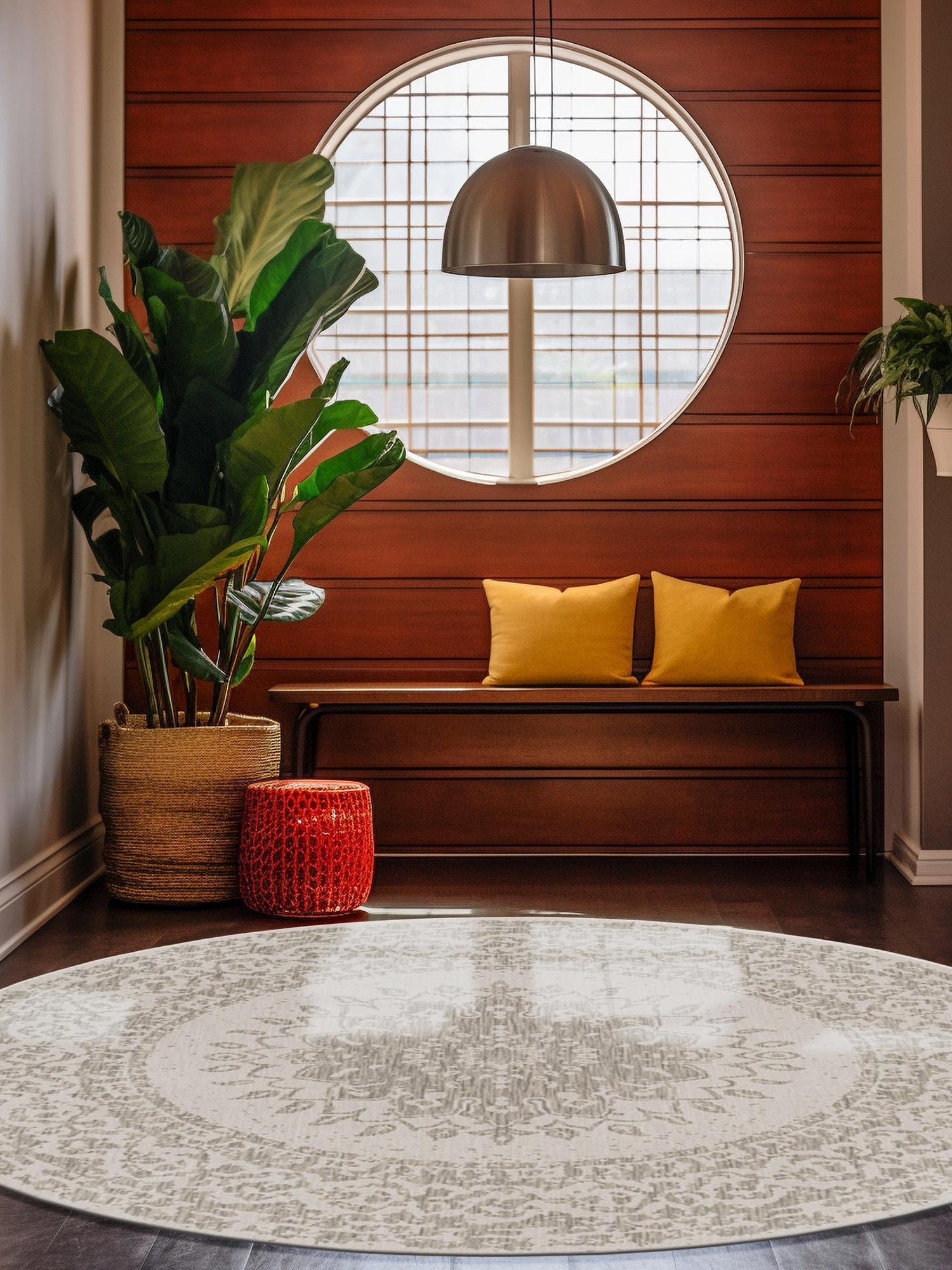 Gray 6' 1 x 6' 1 Outdoor Traditional Round Area Rug Weather Resistant for Patio, Deck, Terrace, Balcony, Porch Classical Design Outside Carpet for Sale at Rug Engine