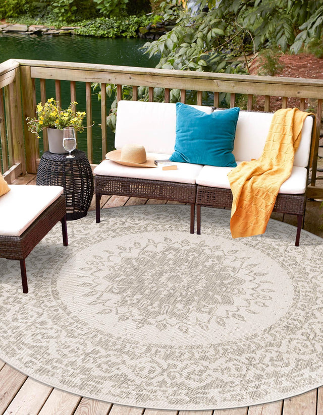 Gray 10' x 10' Outdoor Traditional Round Area Rug Weather Resistant for Patio, Deck, Terrace, Balcony, Porch