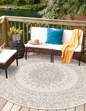 Gray 6' 1 x 6' 1 Outdoor Traditional Round Area Rug Weather Resistant for Patio, Deck, Terrace, Balcony, Porch Classical Design Outside Carpet for Sale at Rug Engine