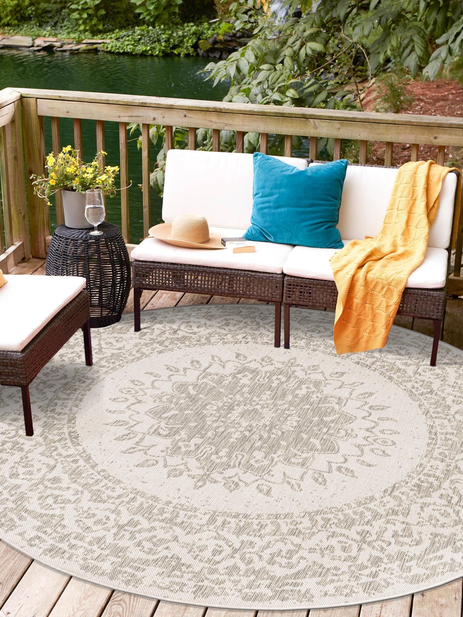 Gray 3' 1 x 3' 1 Outdoor Traditional Round Area Rug Weather Resistant for Patio, Deck, Terrace, Balcony, Porch Classical Design Outside Carpet for Sale at Rug Engine