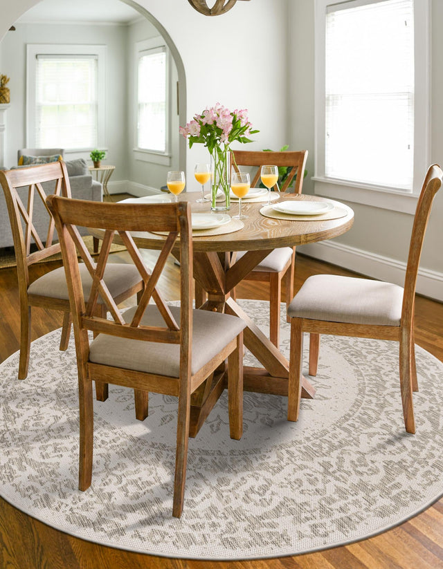 Gray 3' 1 x 3' 1 Outdoor Traditional Round Area Rug Weather Resistant for Patio, Deck, Terrace, Balcony, Porch Classical Design Outside Carpet for Sale at Rug Engine