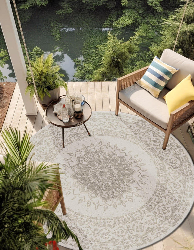 Gray 10' x 10' Outdoor Traditional Round Area Rug Weather Resistant for Patio, Deck, Terrace, Balcony, Porch