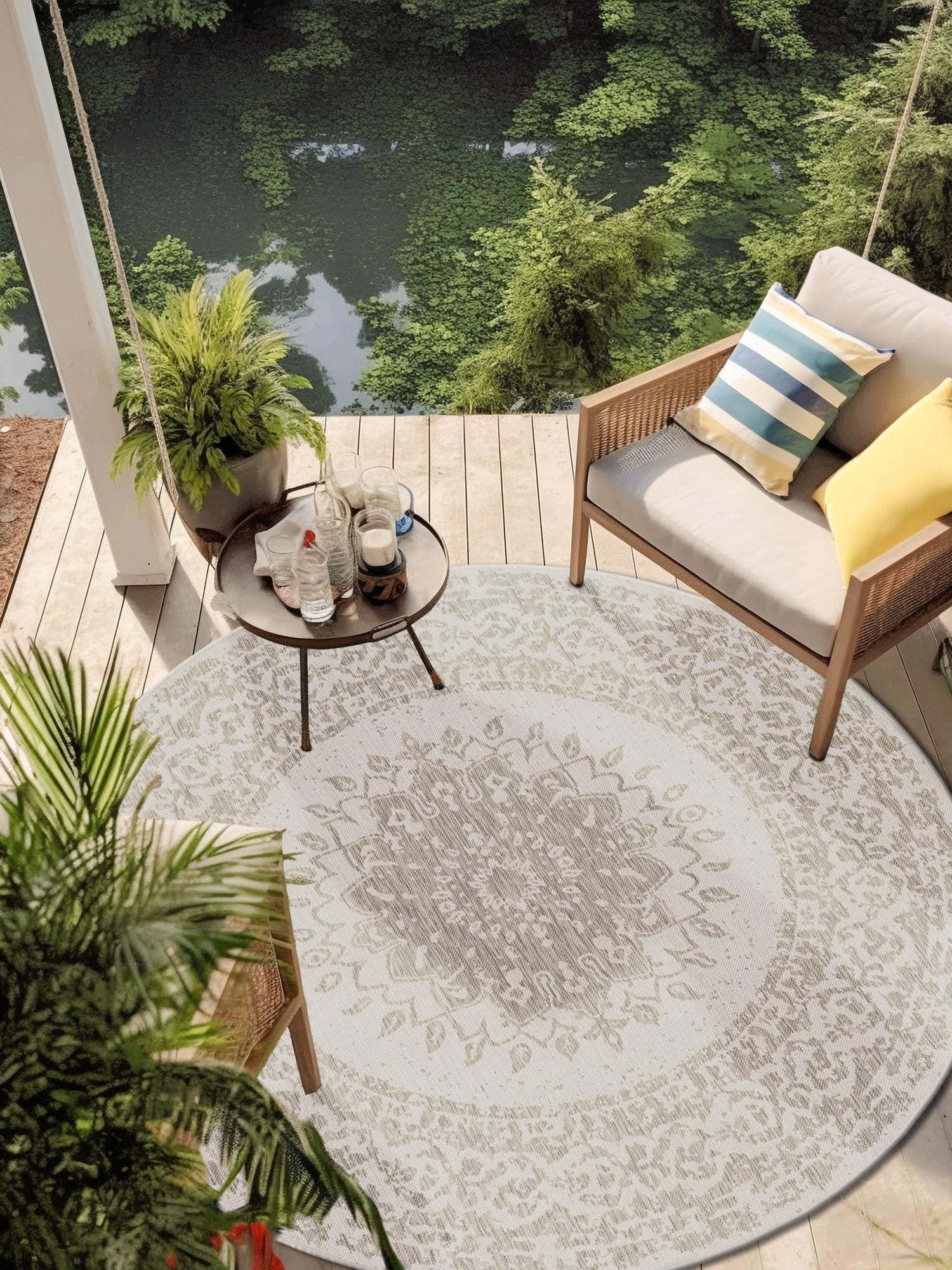 Gray 6' 1 x 6' 1 Outdoor Traditional Round Area Rug Weather Resistant for Patio, Deck, Terrace, Balcony, Porch Classical Design Outside Carpet for Sale at Rug Engine