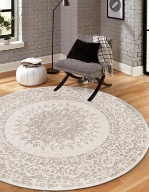 Gray 3' 1 x 3' 1 Outdoor Traditional Round Area Rug Weather Resistant for Patio, Deck, Terrace, Balcony, Porch Classical Design Outside Carpet for Sale at Rug Engine