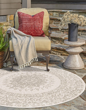 Gray 6' 1 x 6' 1 Outdoor Traditional Round Area Rug Weather Resistant for Patio, Deck, Terrace, Balcony, Porch Classical Design Outside Carpet for Sale at Rug Engine
