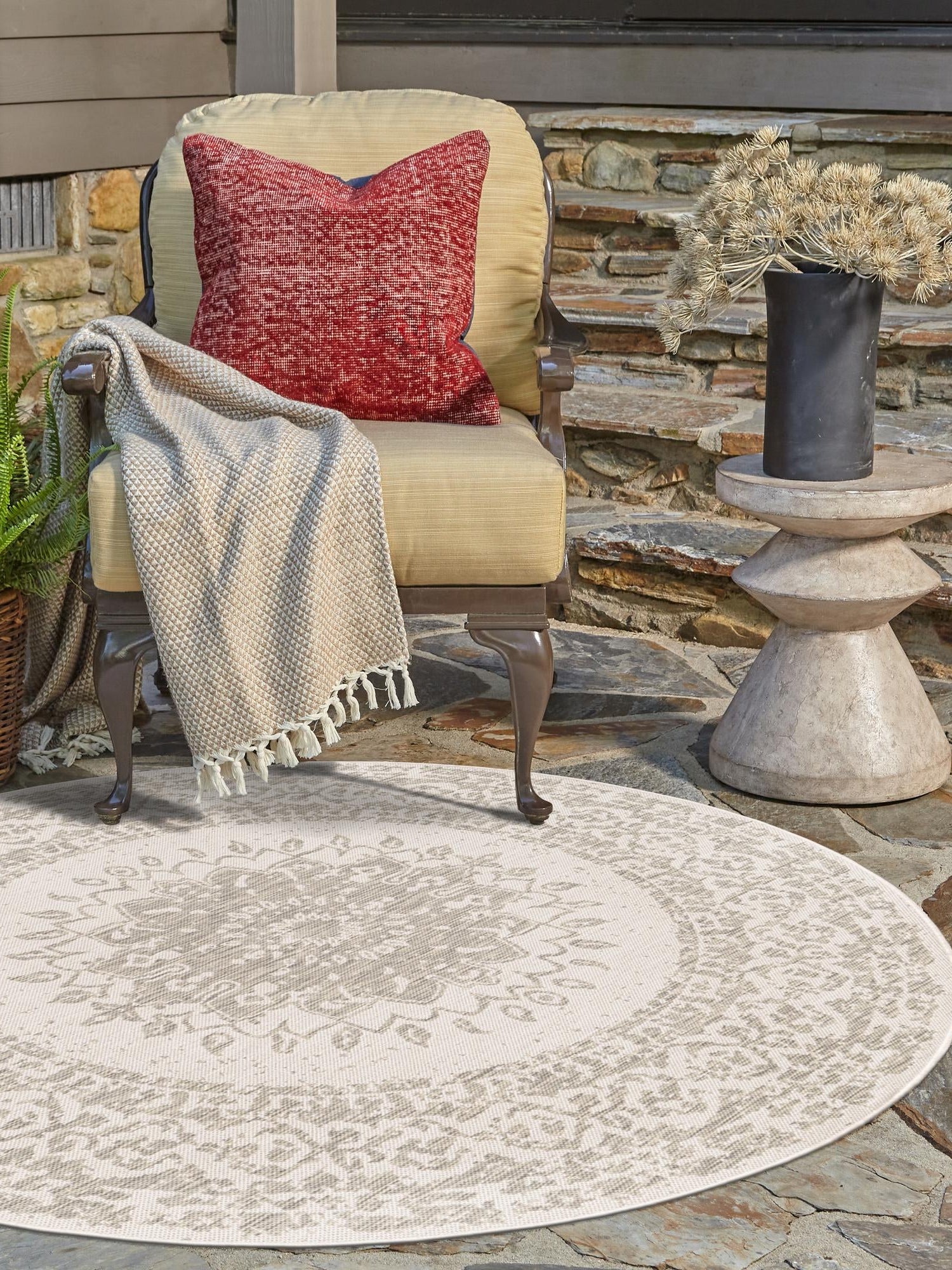 Gray 7' 10 x 7' 10 Outdoor Traditional Round Area Rug Weather Resistant for Patio, Deck, Terrace, Balcony, Porch Classical Design Outside Carpet for Sale at Rug Engine