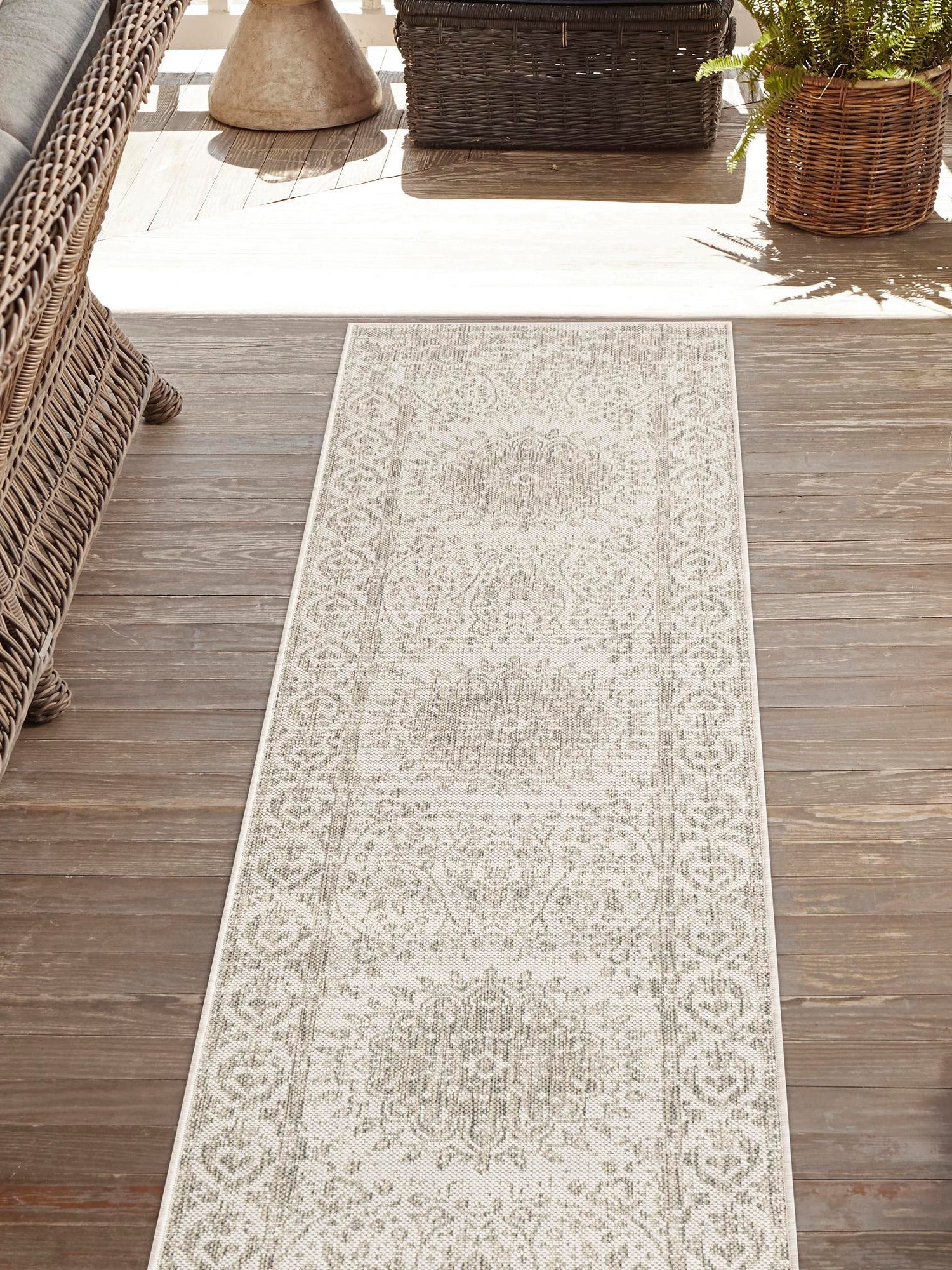 Gray 2' x 4' 1 Outdoor Traditional Runner Area Rug Weather Resistant for Patio, Deck, Terrace, Balcony, Porch Classical Design Outside Carpet for Sale at Rug Engine