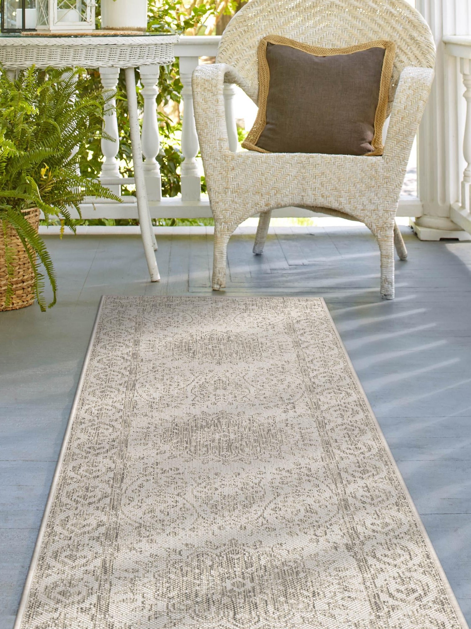 Gray 2' 7 x 12' Outdoor Traditional Runner Area Rug Weather Resistant for Patio, Deck, Terrace, Balcony, Porch Classical Design Outside Carpet for Sale at Rug Engine