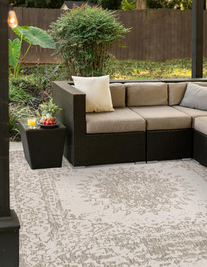 Gray 7' 10 x 7' 10 Outdoor Traditional Square Area Rug Weather Resistant for Patio, Deck, Terrace, Balcony, Porch Classical Design Outside Carpet for Sale at Rug Engine