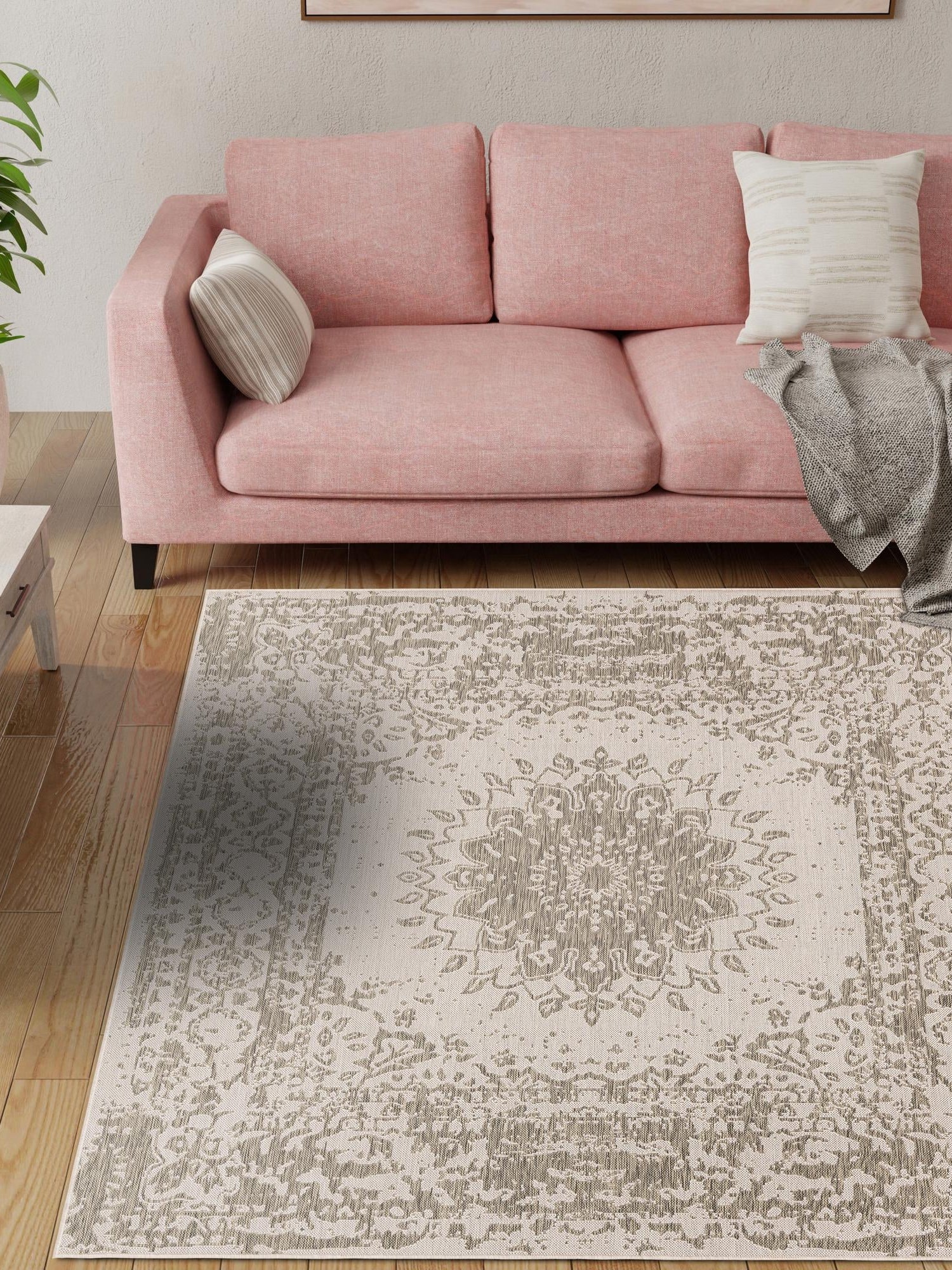 Gray 7' 10 x 7' 10 Outdoor Traditional Square Area Rug Weather Resistant for Patio, Deck, Terrace, Balcony, Porch Classical Design Outside Carpet for Sale at Rug Engine