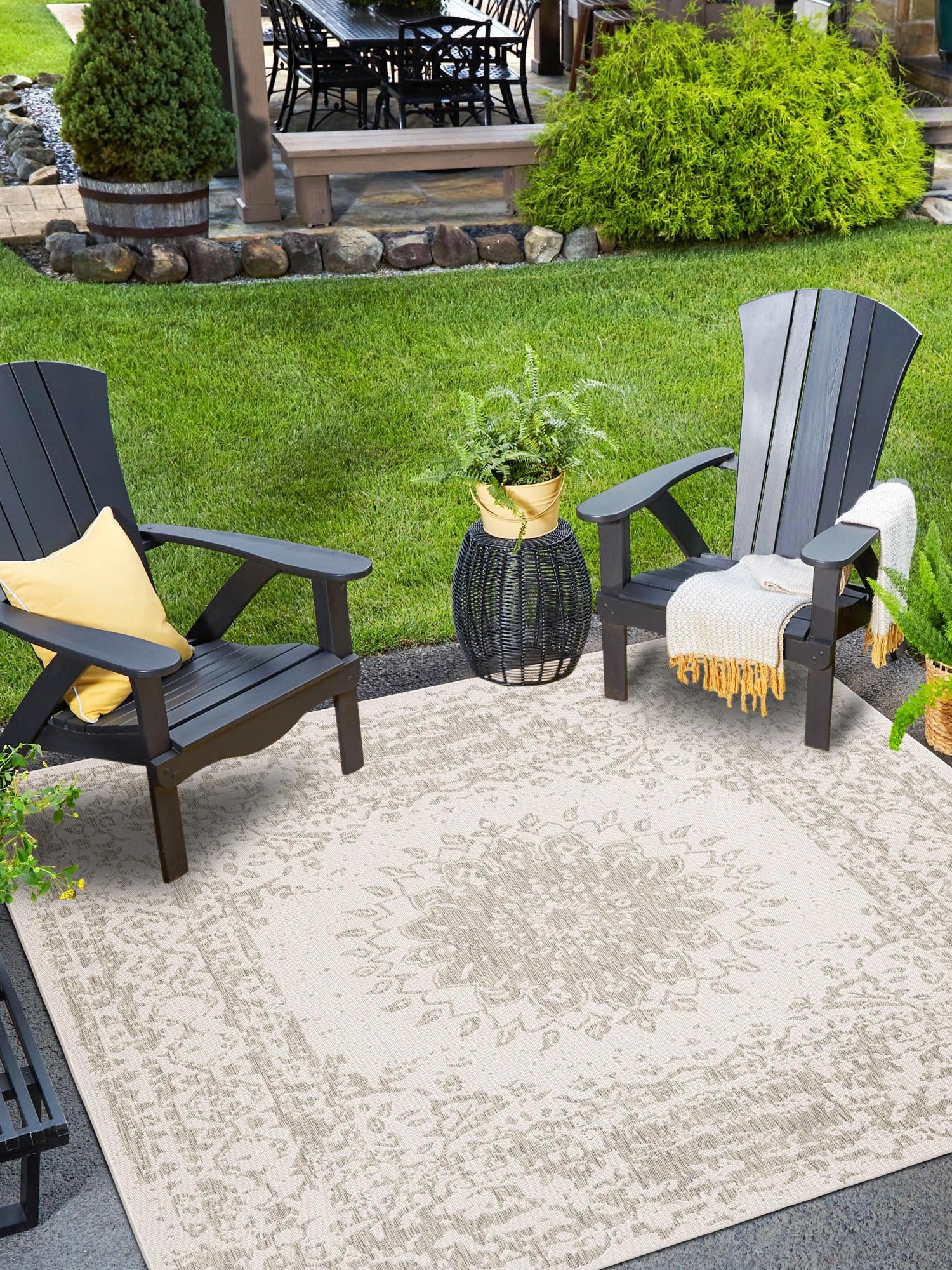Gray 7' 10 x 7' 10 Outdoor Traditional Square Area Rug Weather Resistant for Patio, Deck, Terrace, Balcony, Porch Classical Design Outside Carpet for Sale at Rug Engine