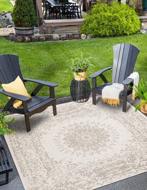 Gray 7' 10 x 7' 10 Outdoor Traditional Square Area Rug Weather Resistant for Patio, Deck, Terrace, Balcony, Porch Classical Design Outside Carpet for Sale at Rug Engine