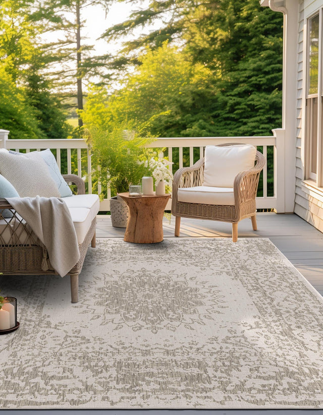 Gray 10' x 10' Outdoor Traditional Square Area Rug Weather Resistant for Patio, Deck, Terrace, Balcony, Porch Classical Design Outside Carpet for Sale at Rug Engine