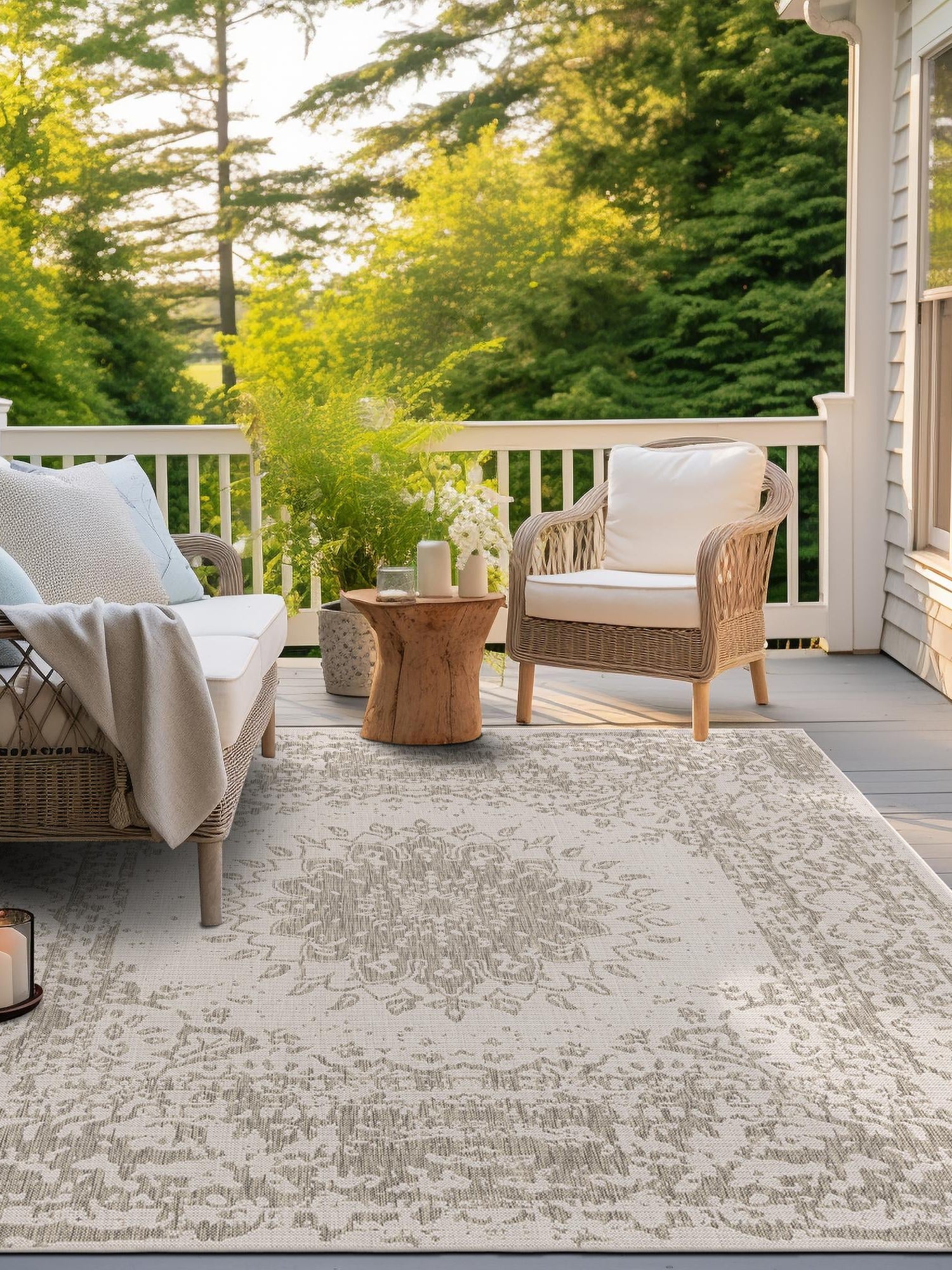 Gray 12' x 12' Outdoor Traditional Square Area Rug Weather Resistant for Patio, Deck, Terrace, Balcony, Porch Classical Design Outside Carpet for Sale at Rug Engine