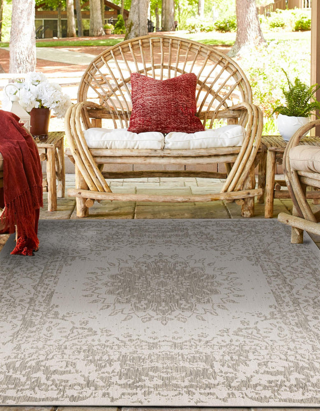 Gray 10' x 10' Outdoor Traditional Square Area Rug Weather Resistant for Patio, Deck, Terrace, Balcony, Porch Classical Design Outside Carpet for Sale at Rug Engine
