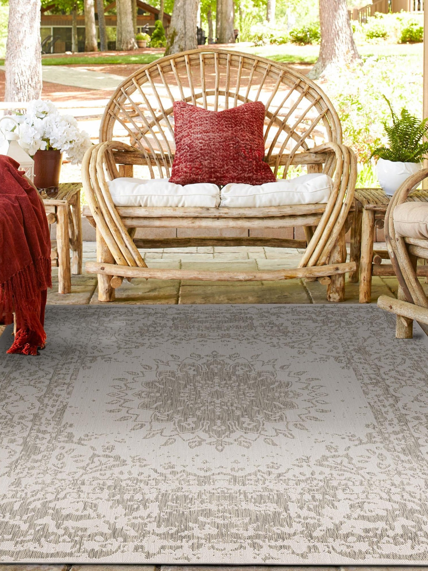Gray 12' x 12' Outdoor Traditional Square Area Rug Weather Resistant for Patio, Deck, Terrace, Balcony, Porch Classical Design Outside Carpet for Sale at Rug Engine