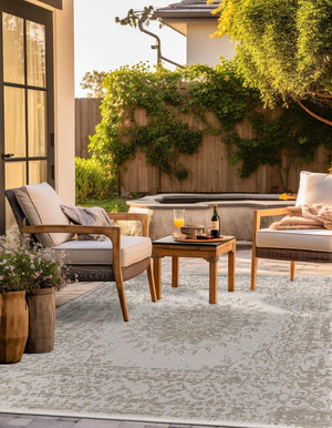 Gray 10' x 10' Outdoor Traditional Square Area Rug Weather Resistant for Patio, Deck, Terrace, Balcony, Porch Classical Design Outside Carpet for Sale at Rug Engine