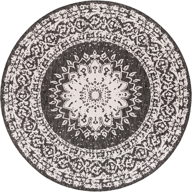 Black and White 10' x 10' Outdoor Traditional Round Area Rug Weather Resistant for Patio, Deck, Terrace, Balcony, Porch Classical Design Outside Carpet for Sale at Rug Engine