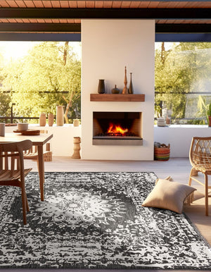 Black and White 7' 10 x 7' 10 Outdoor Traditional Square Area Rug Weather Resistant for Patio, Deck, Terrace, Balcony, Porch Classical Design Outside Carpet for Sale at Rug Engine