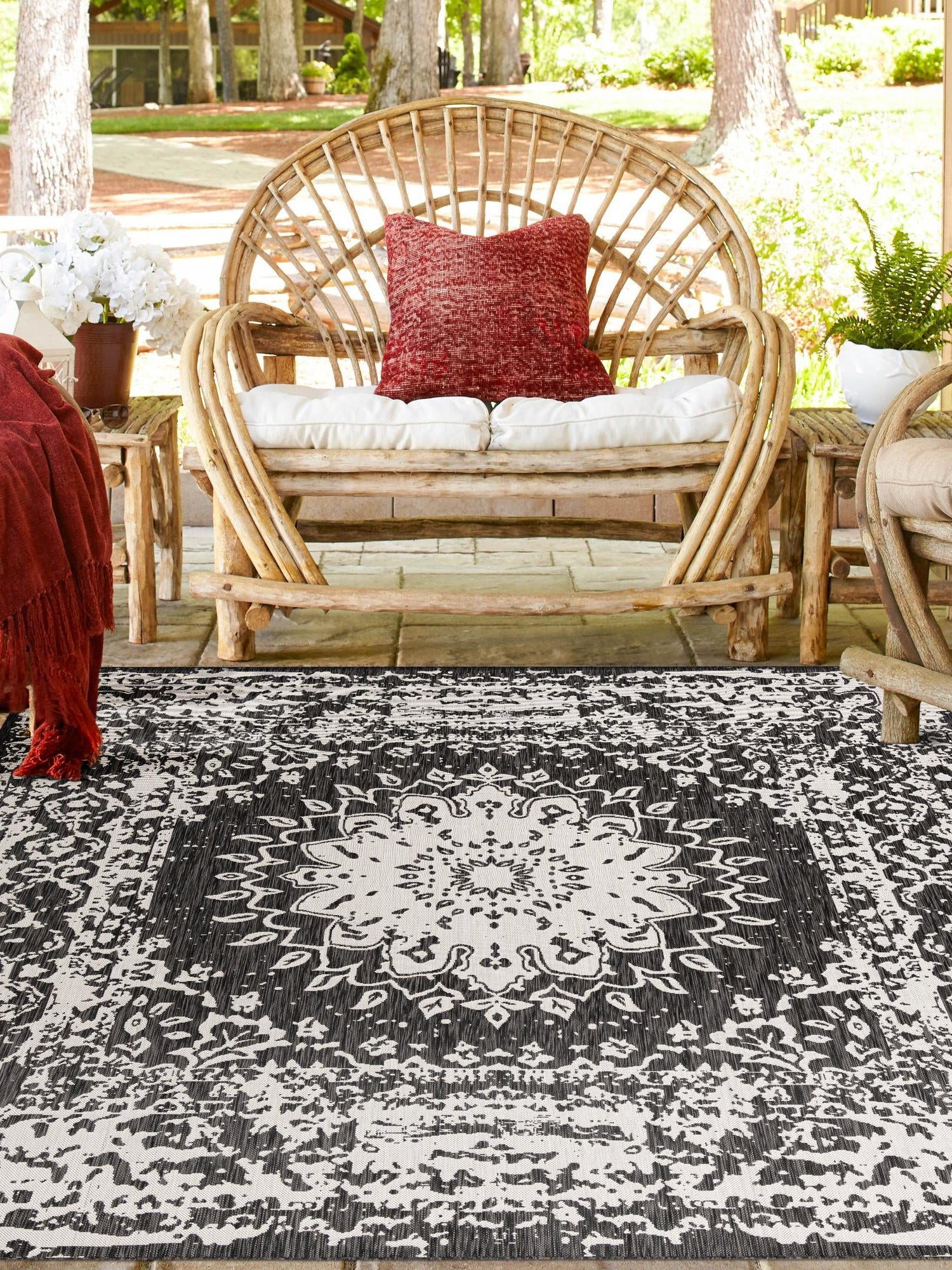 Black and White 10' x 10' Outdoor Traditional Square Area Rug Weather Resistant for Patio, Deck, Terrace, Balcony, Porch Classical Design Outside Carpet for Sale at Rug Engine