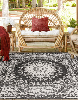 Black and White 12' x 12' Outdoor Traditional Square Area Rug Weather Resistant for Patio, Deck, Terrace, Balcony, Porch Classical Design Outside Carpet for Sale at Rug Engine