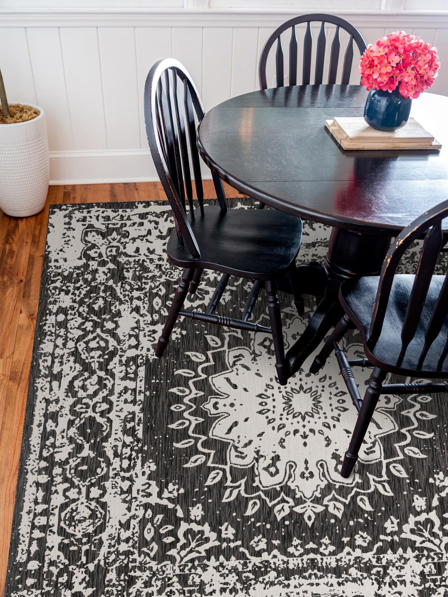 Black and White 10' x 10' Outdoor Traditional Square Area Rug Weather Resistant for Patio, Deck, Terrace, Balcony, Porch Classical Design Outside Carpet for Sale at Rug Engine
