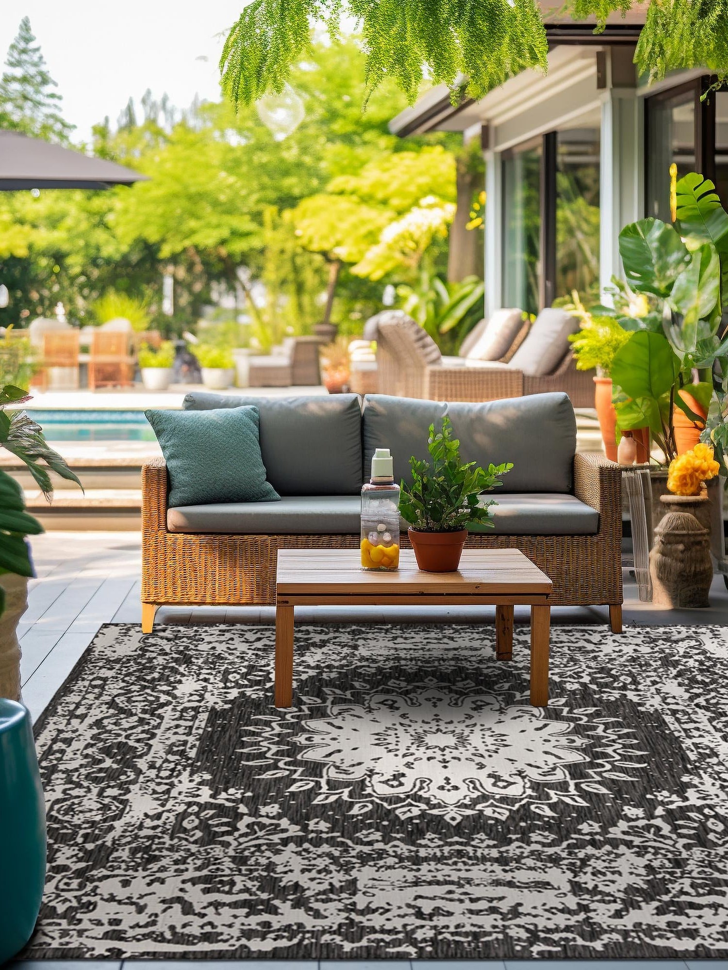Black and White 10' x 10' Outdoor Traditional Square Area Rug Weather Resistant for Patio, Deck, Terrace, Balcony, Porch Classical Design Outside Carpet for Sale at Rug Engine