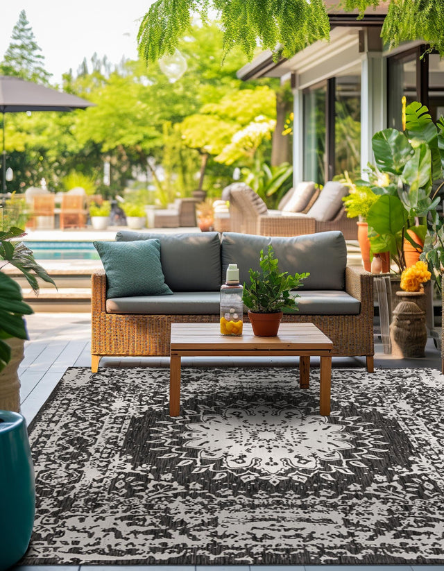 Black and White 10' x 10' Outdoor Traditional Square Area Rug Weather Resistant for Patio, Deck, Terrace, Balcony, Porch Classical Design Outside Carpet for Sale at Rug Engine