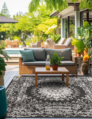 Black and White 12' x 12' Outdoor Traditional Square Area Rug Weather Resistant for Patio, Deck, Terrace, Balcony, Porch Classical Design Outside Carpet for Sale at Rug Engine