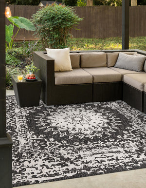 Black and White 7' 10 x 7' 10 Outdoor Traditional Square Area Rug Weather Resistant for Patio, Deck, Terrace, Balcony, Porch Classical Design Outside Carpet for Sale at Rug Engine